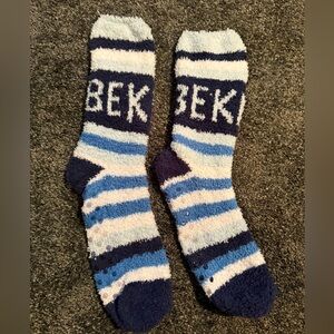 Be Kind by Ellen Fuzzy Socks in Blue and White Stripe